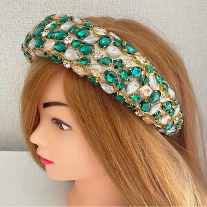 Oversized green and gold and silver crystal headband hair band big padded Alice